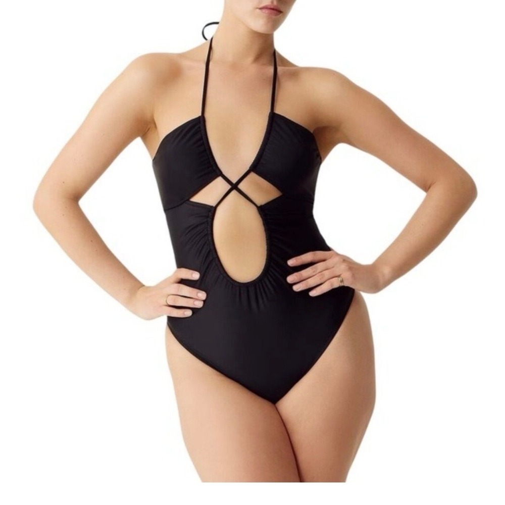J.Crew Womens Black Cutout Halter One Piece Swimsuit BX220 BK0001 Size 12 New
